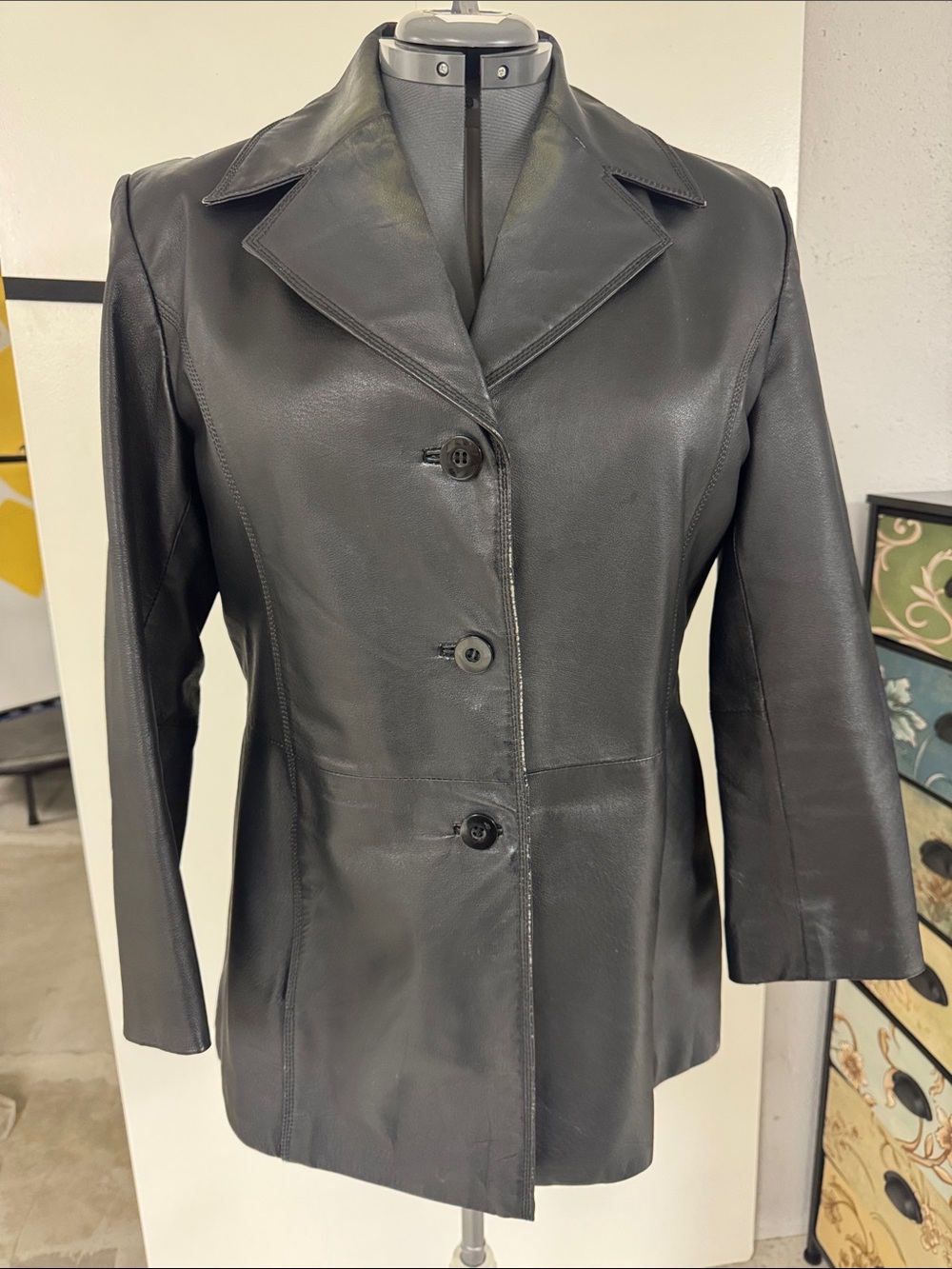 Worthington Black Leather Button-Front Fitted Blazer